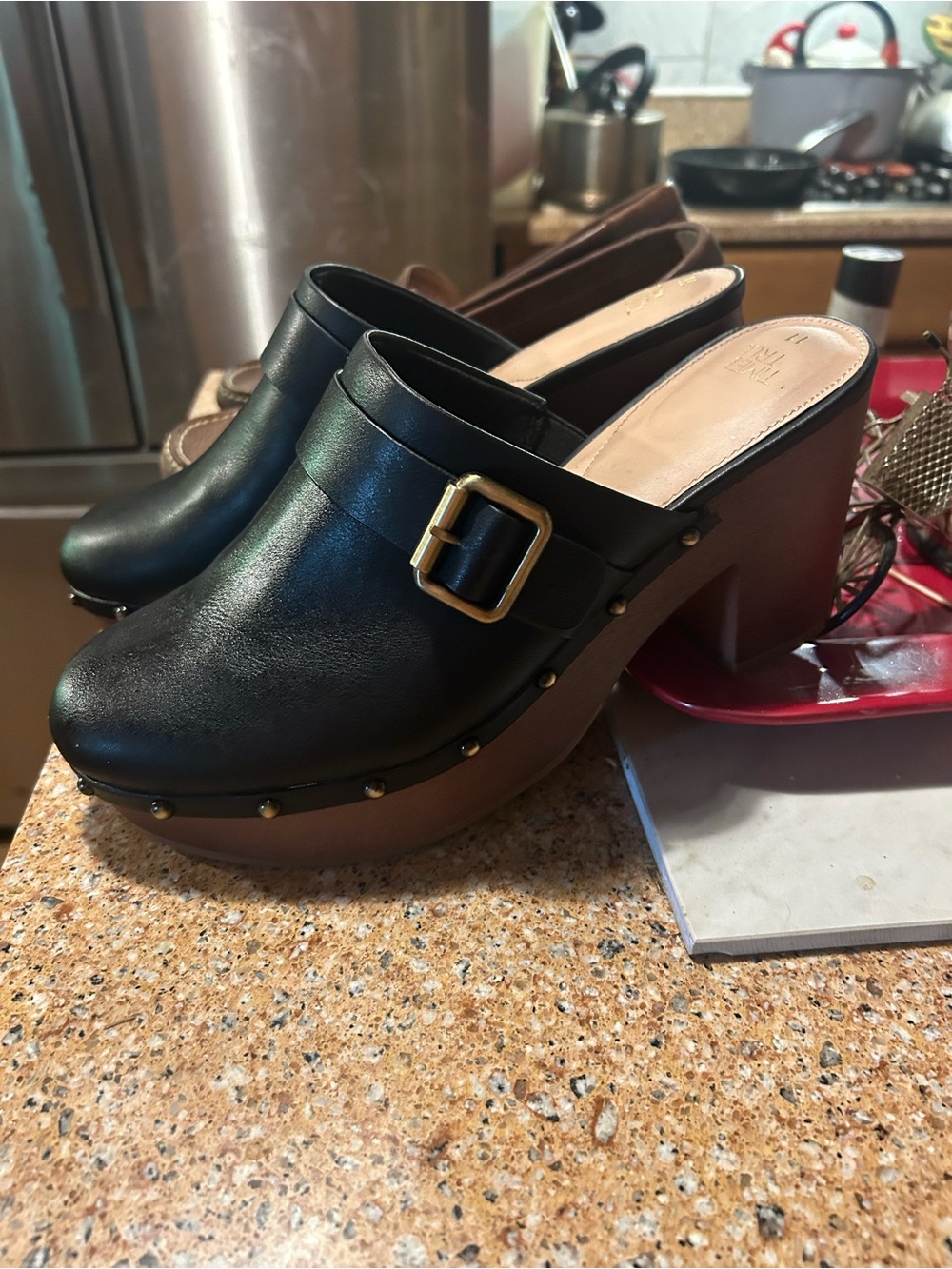 Time and Tru Black and Tan Slip-On Mules